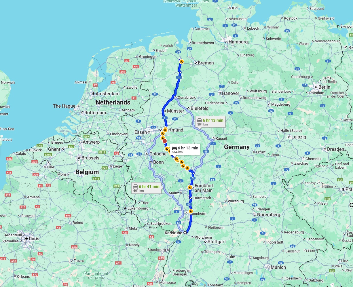 Anreise von Karlsruhe Zu Oldenburg Über via A5, A45 and A1