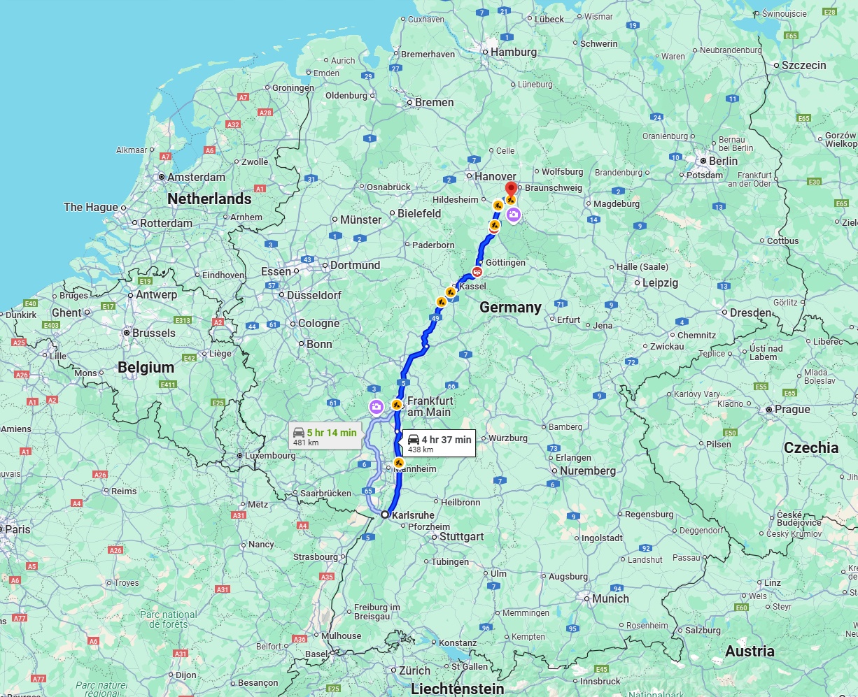 Anreise von Karlsruhe Zu Salzgitter Über via A5 and A7