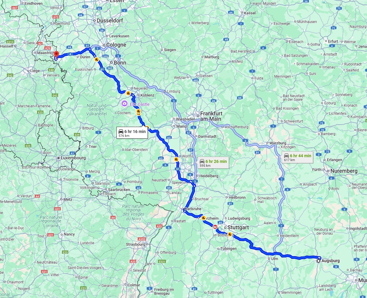 Anreise von Augsburg Zu Aachen Über via A8 and A61
