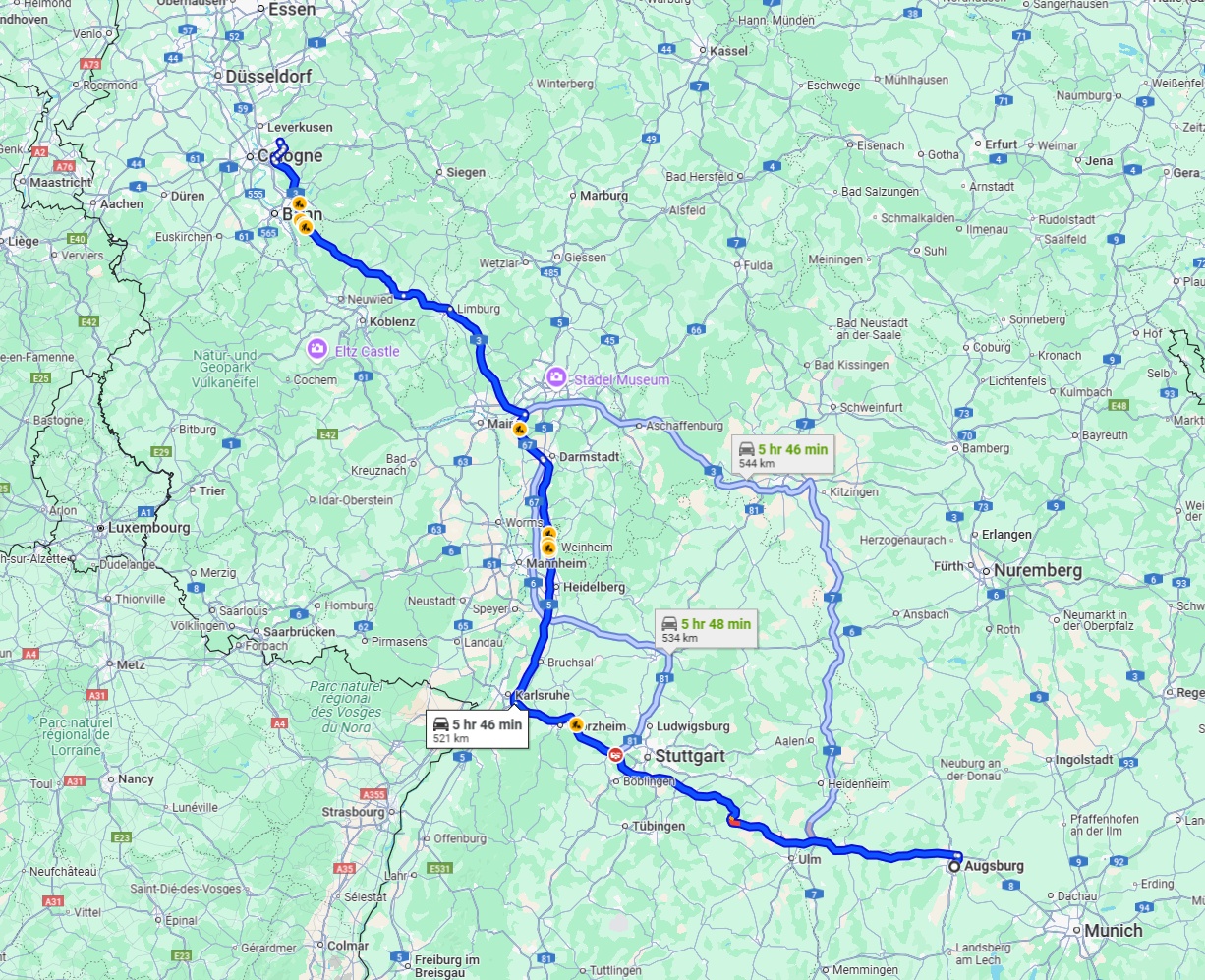 Anreise von Augsburg Zu Bergisch Gladbach Über via A8 and A3