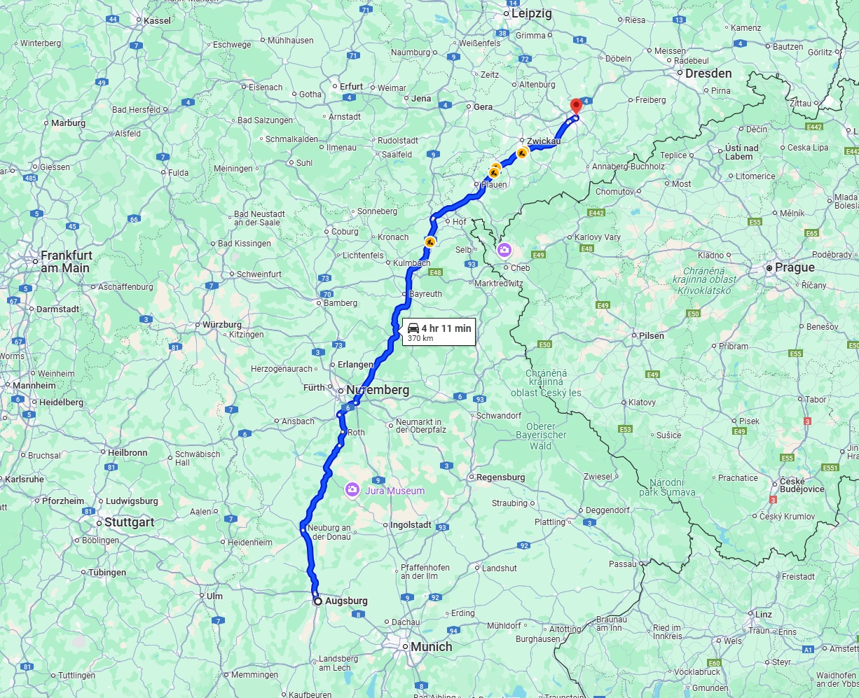 Anreise von Augsburg Zu Chemnitz Über via A9 and A72