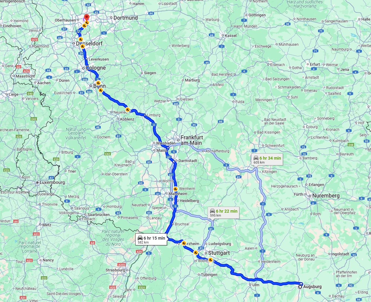Anreise von Augsburg Zu Essen Über via A8 and A3