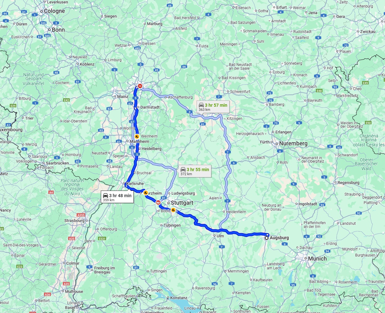 Anreise von Augsburg Zu Frankfurt am Main Über via A8 and A5