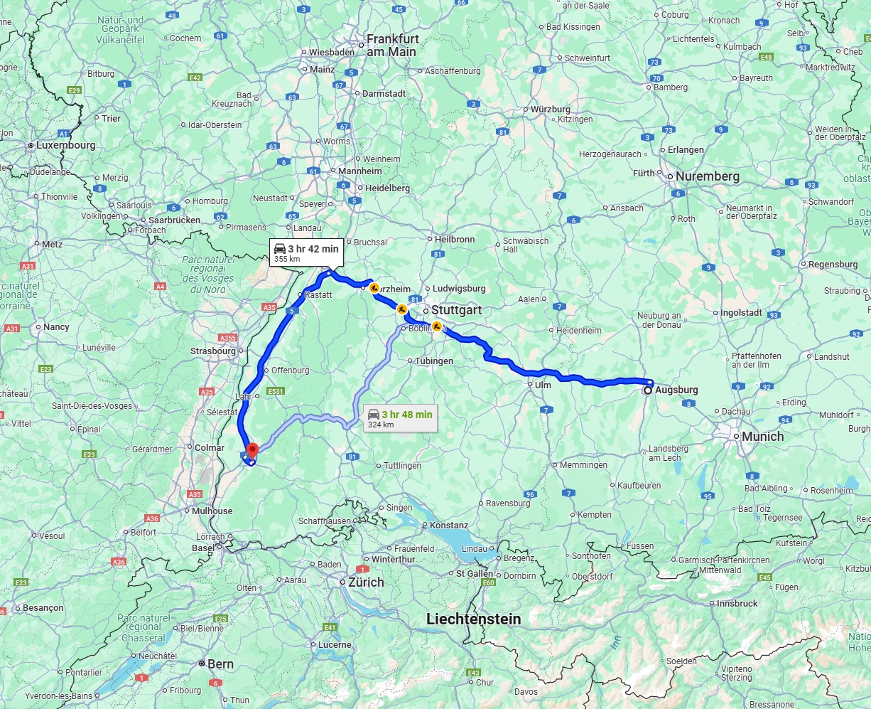 Anreise von Augsburg Zu Freiburg im Breisgau Über via A8 and A5