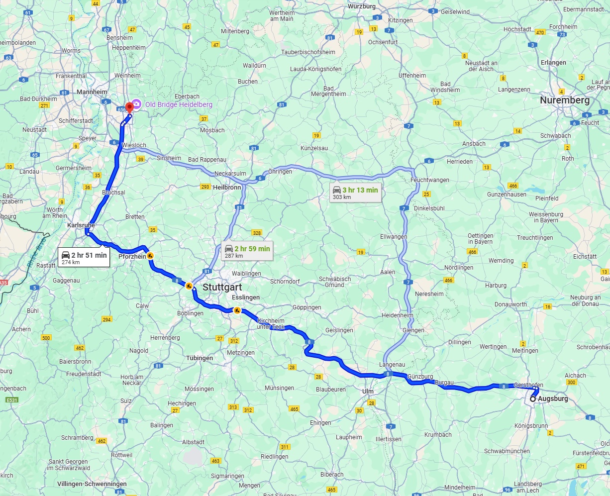 Anreise von Augsburg Zu Heidelberg Über via A8