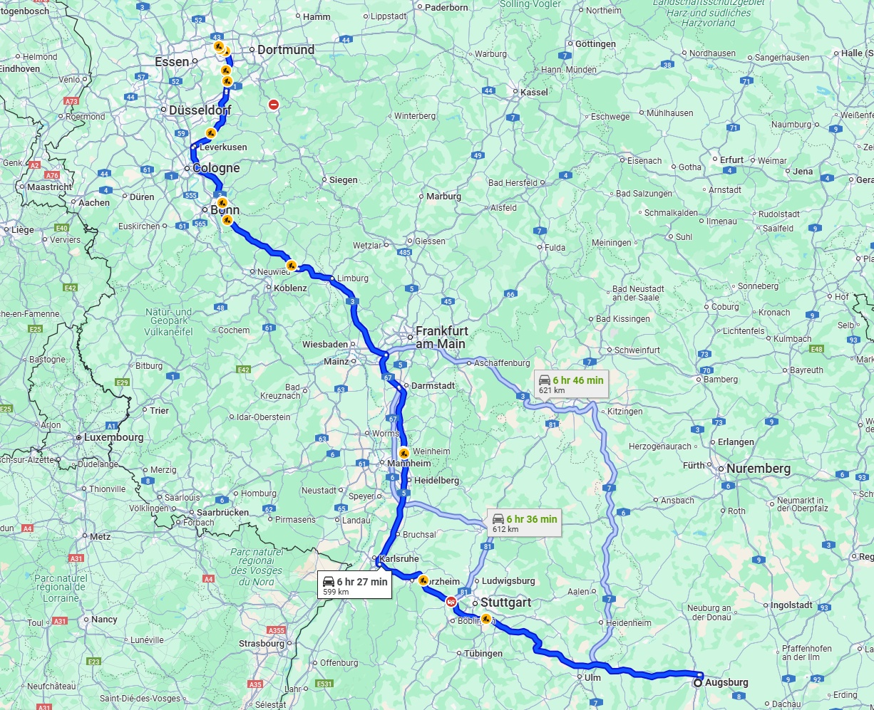 Anreise von Augsburg Zu Herne Über via A8 and A3