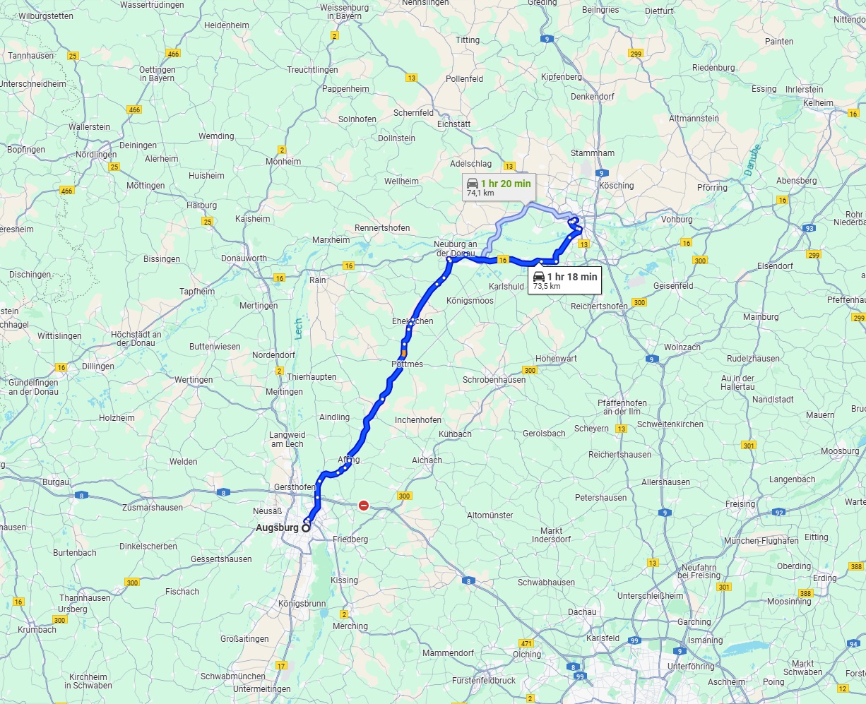Anreise von Augsburg Zu Ingolstadt Über via B16