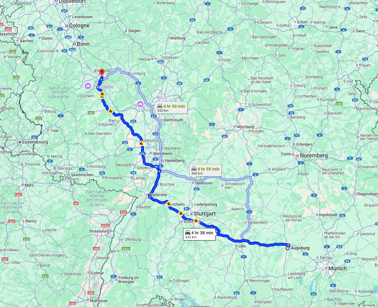 Anreise von Augsburg Zu Koblenz Über via A8 and A61