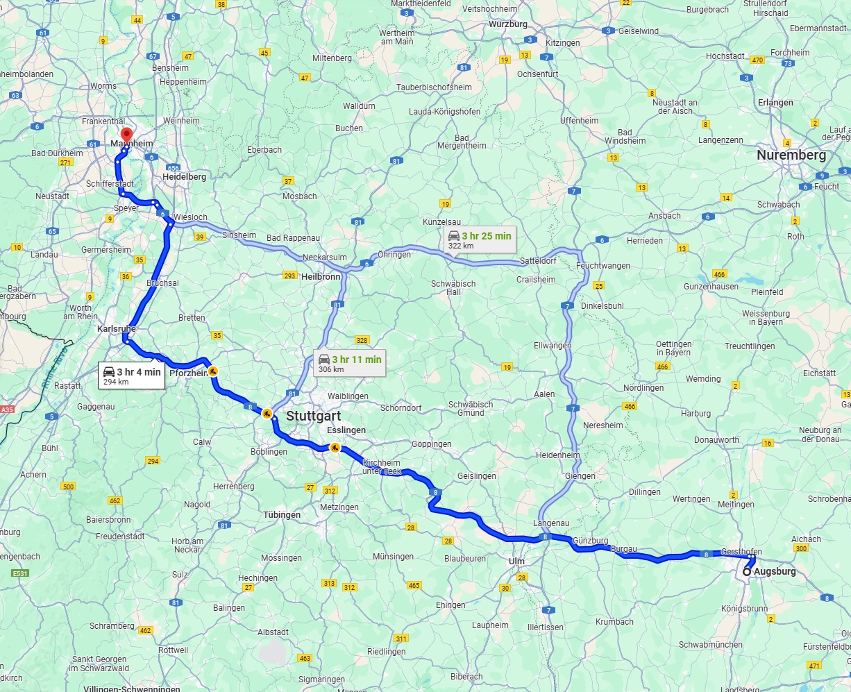 Anreise von Augsburg Zu Ludwigshafen am Rhein Über via A8