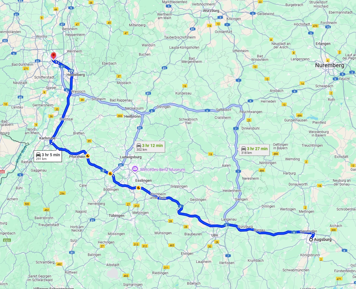 Anreise von Augsburg Zu Mannheim Über via A8