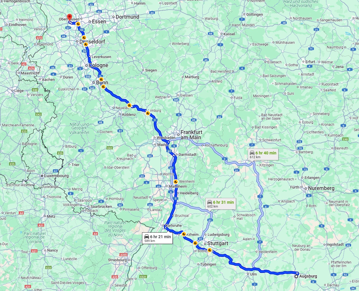 Anreise von Augsburg Zu Moers Über via A8 and A3