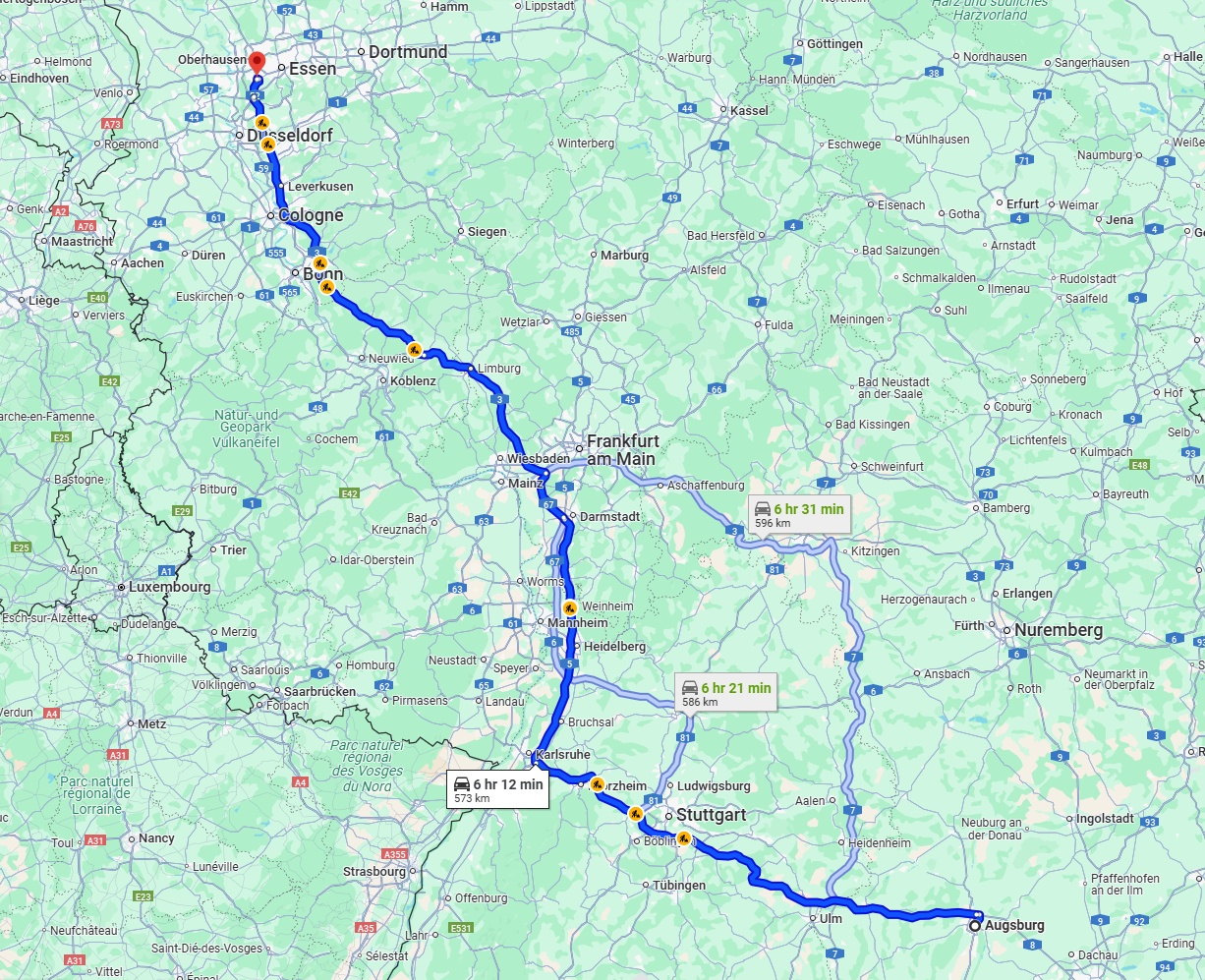Anreise von Augsburg Zu Mülheim an der Ruhr Über via A8 and A3
