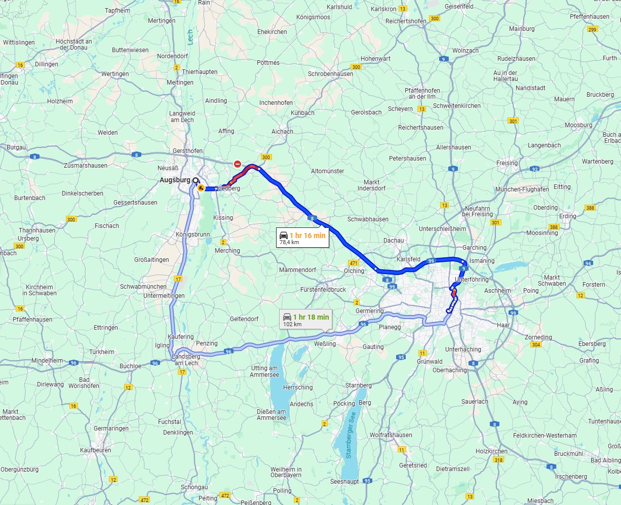 Anreise von Augsburg Zu München Über via A8
