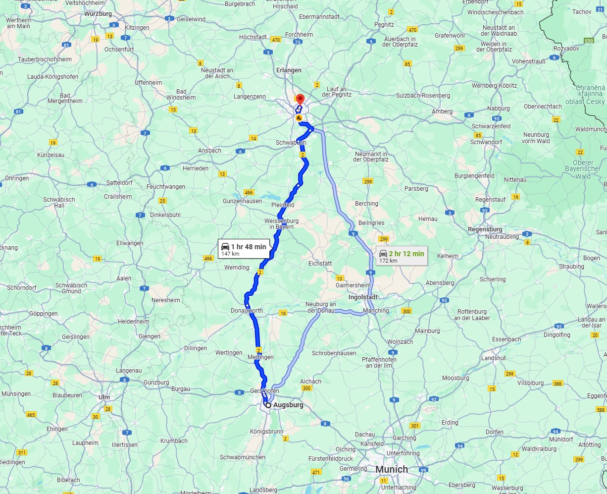 Anreise von Augsburg Zu Nürnberg Über via B2 and B2