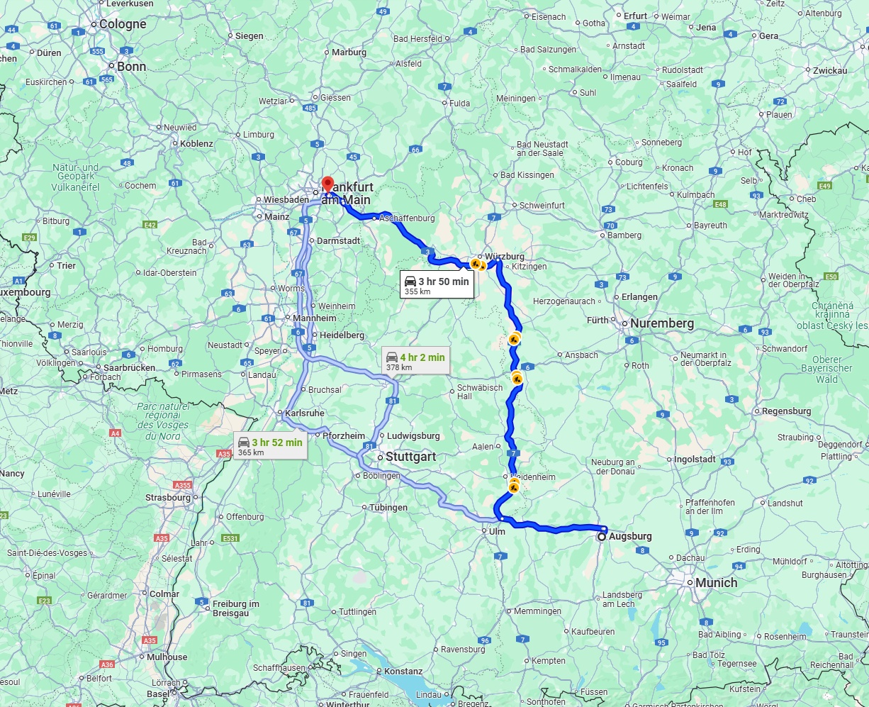 Anreise von Augsburg Zu Offenbach am Main Über via A7 and A3