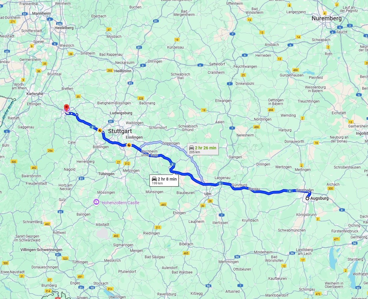 Anreise von Augsburg Zu Pforzheim Über via A8