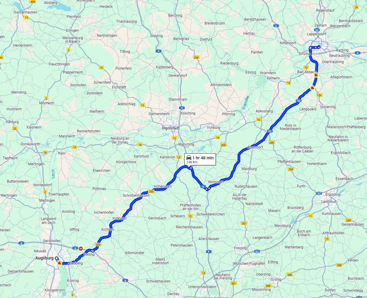 Anreise von Augsburg Zu Regensburg Über via B300 and A93