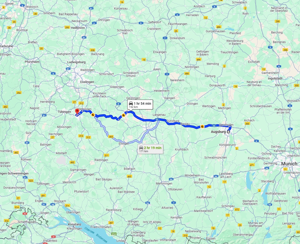 Anreise von Augsburg Zu Reutlingen Über via A8 and B28