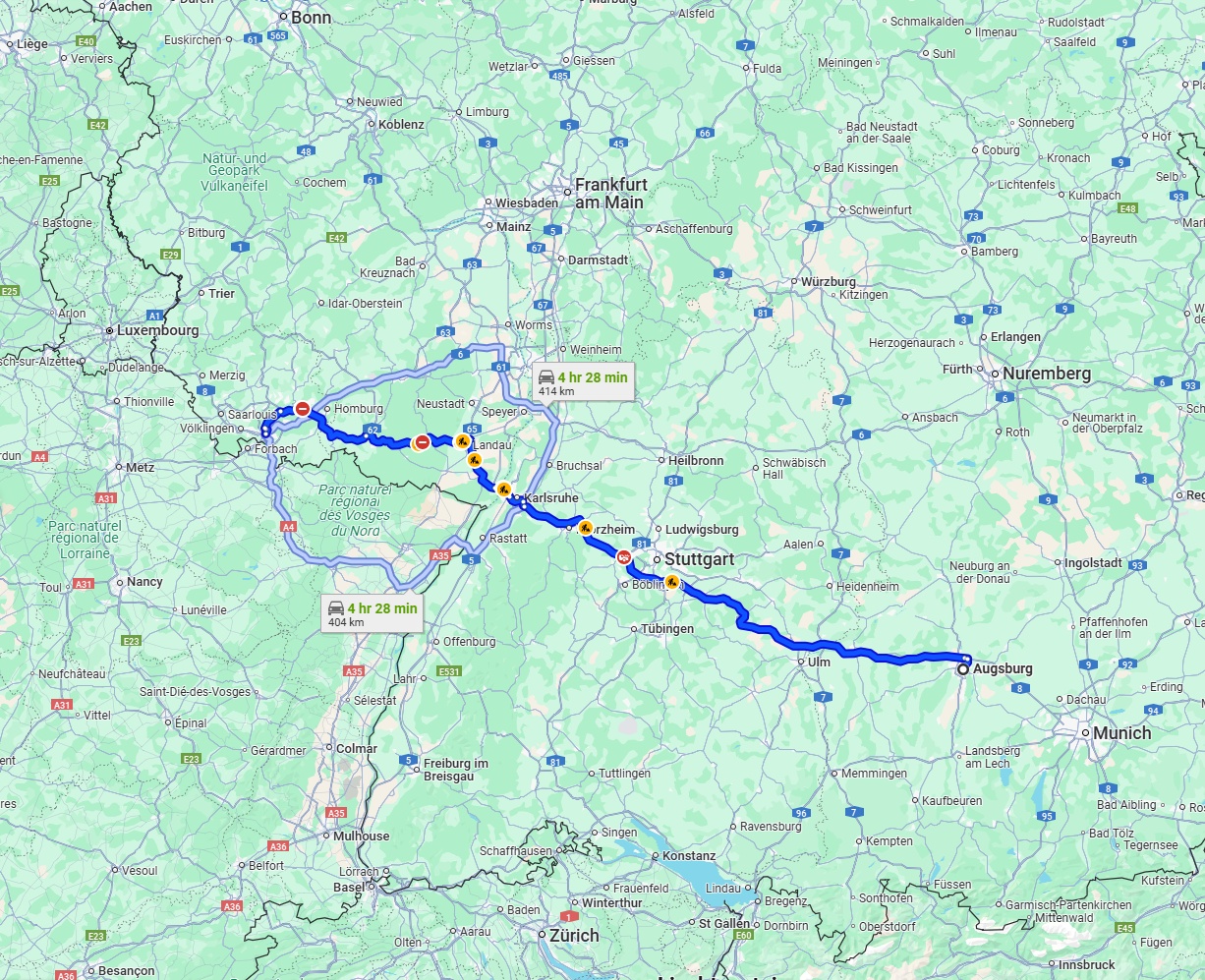 Anreise von Augsburg Zu Saarbrücken Über via A8