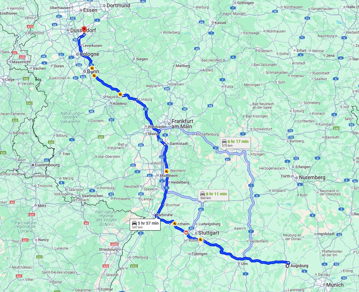 Anreise von Augsburg Zu Solingen Über via A8 and A3
