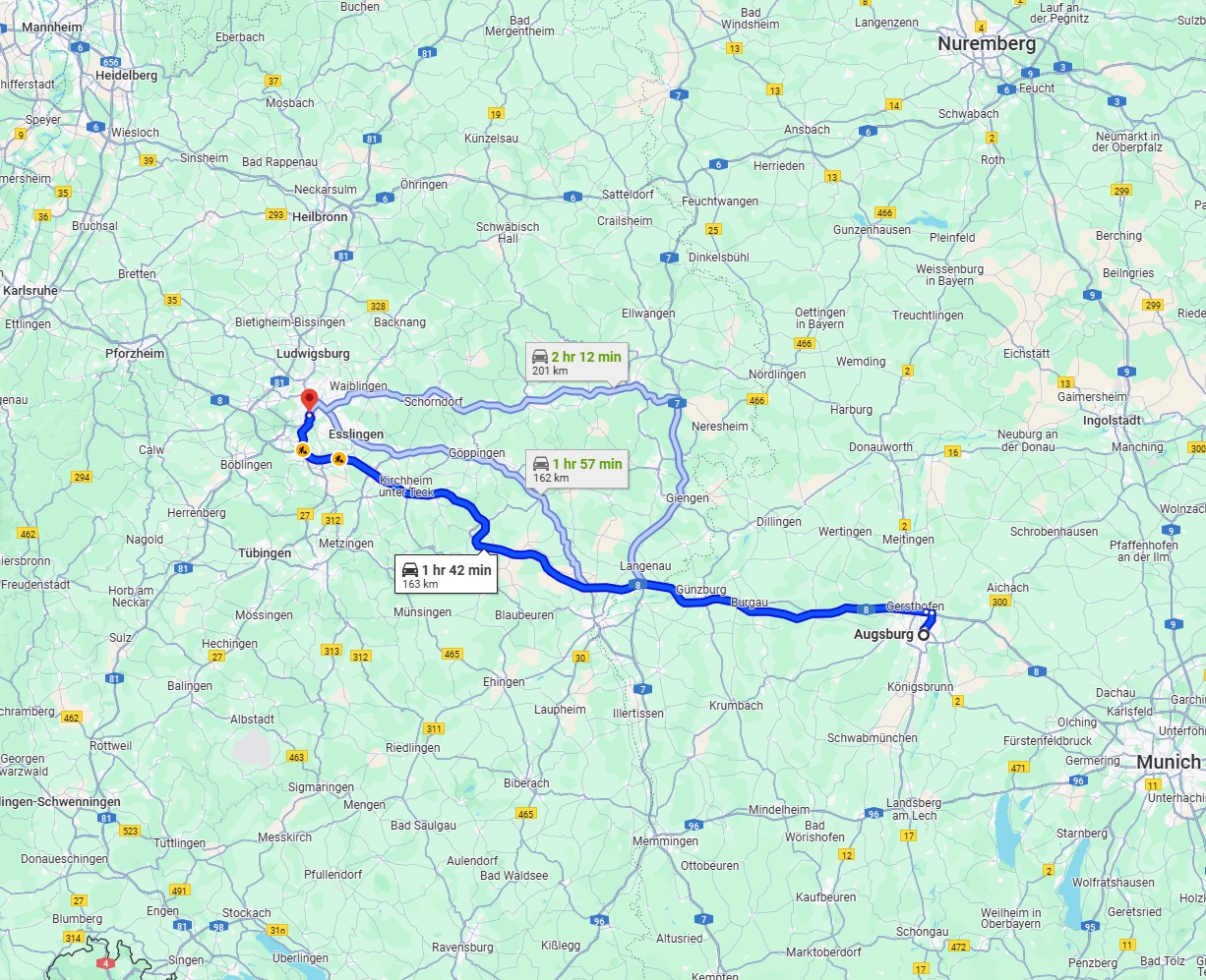 Anreise von Augsburg Zu Stuttgart Über via A8