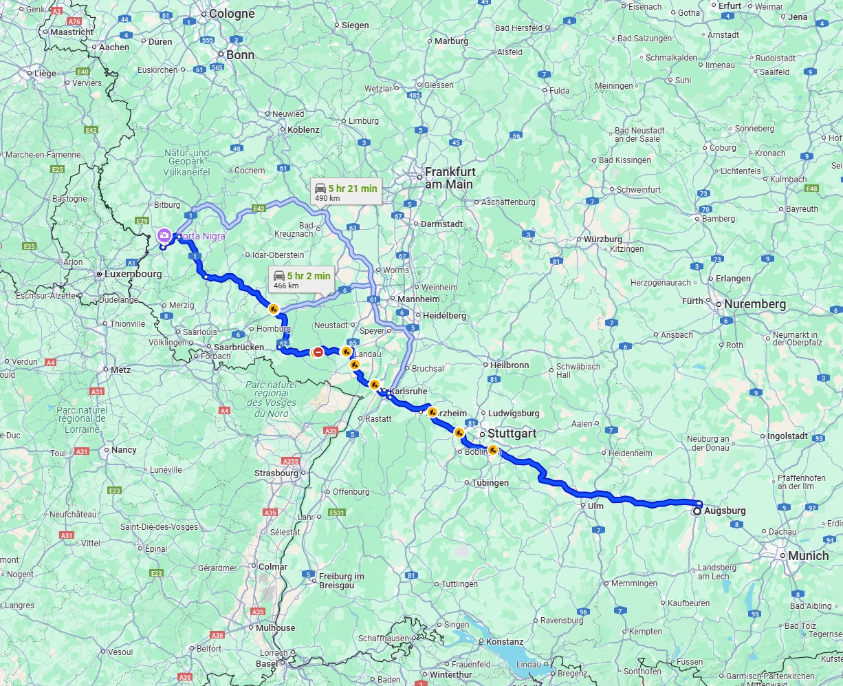 Anreise von Augsburg Zu Trier Über via A8