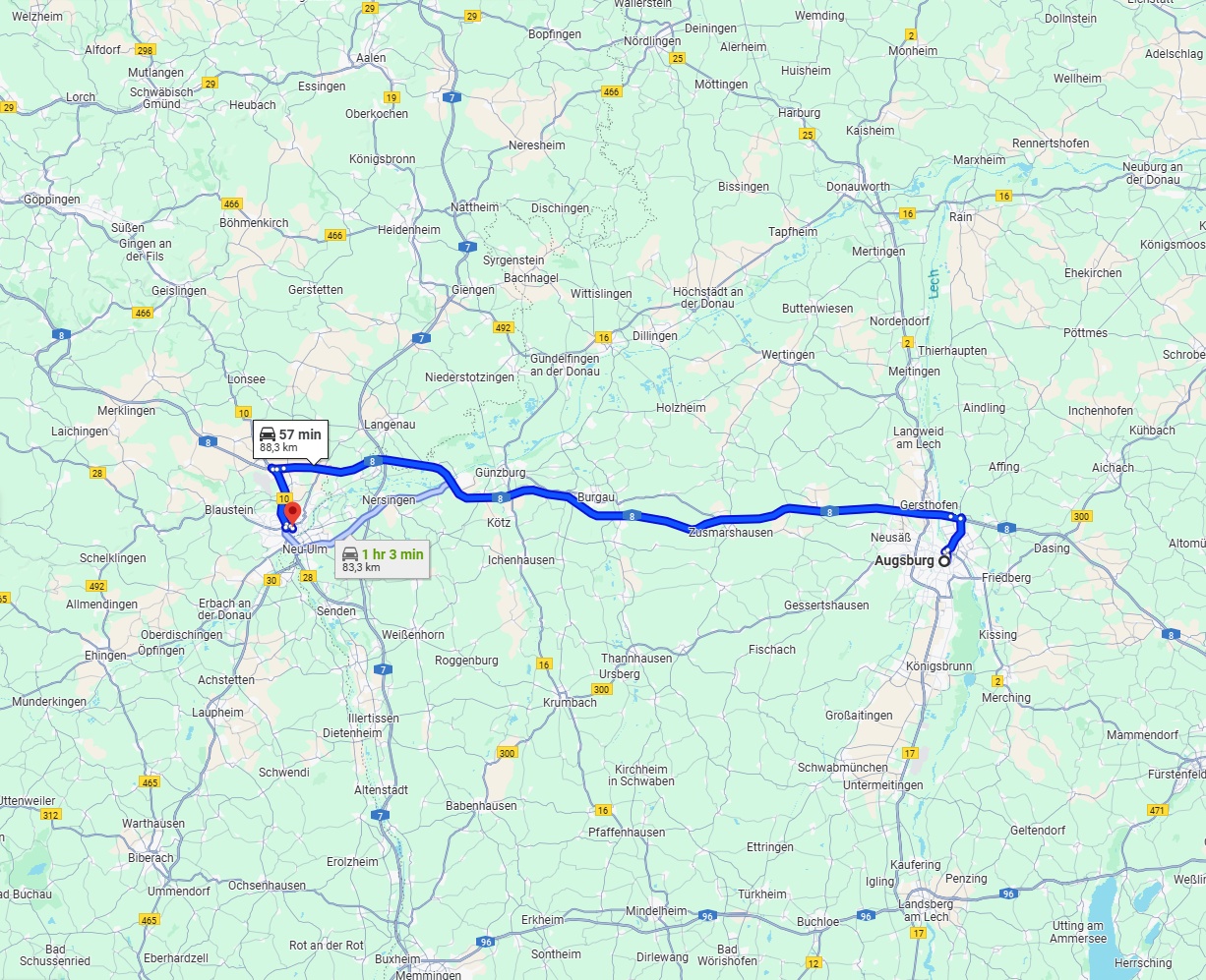 Anreise von Augsburg Zu Ulm Über via A8