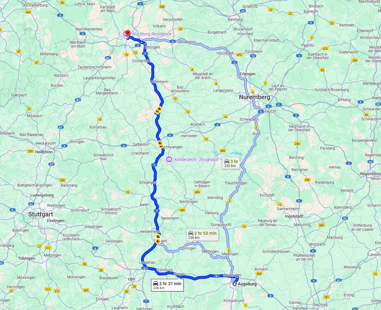Anreise von Augsburg Zu Würzburg Über via A7