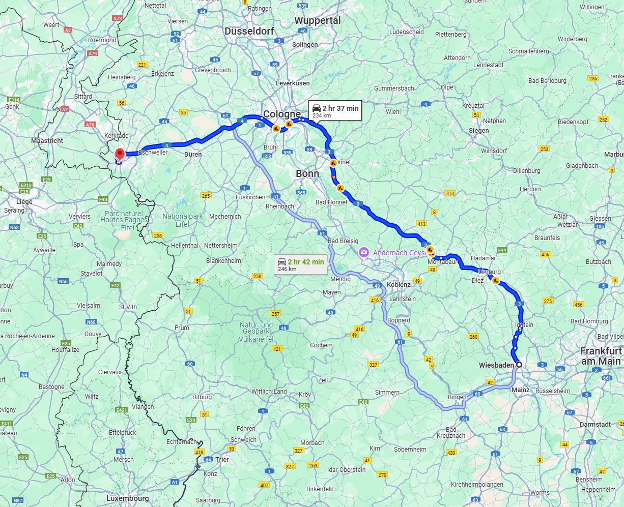 Anreise von Wiesbaden Zu Aachen Über via A3 and A4