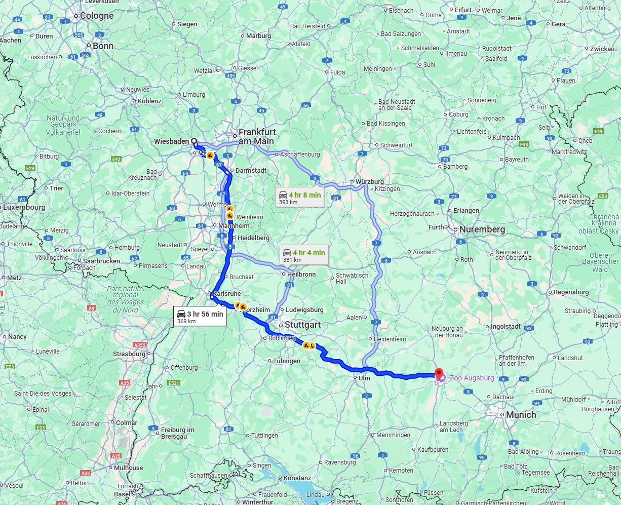 Anreise von Wiesbaden Zu Augsburg Über via A5 and A8