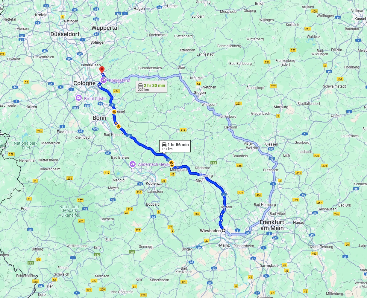 Anreise von Wiesbaden Zu Bergisch Gladbach Über via A3