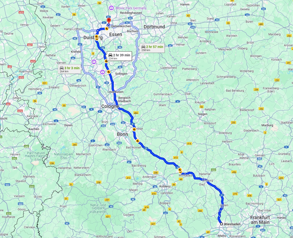 Anreise von Wiesbaden Zu Bottrop Über via A3