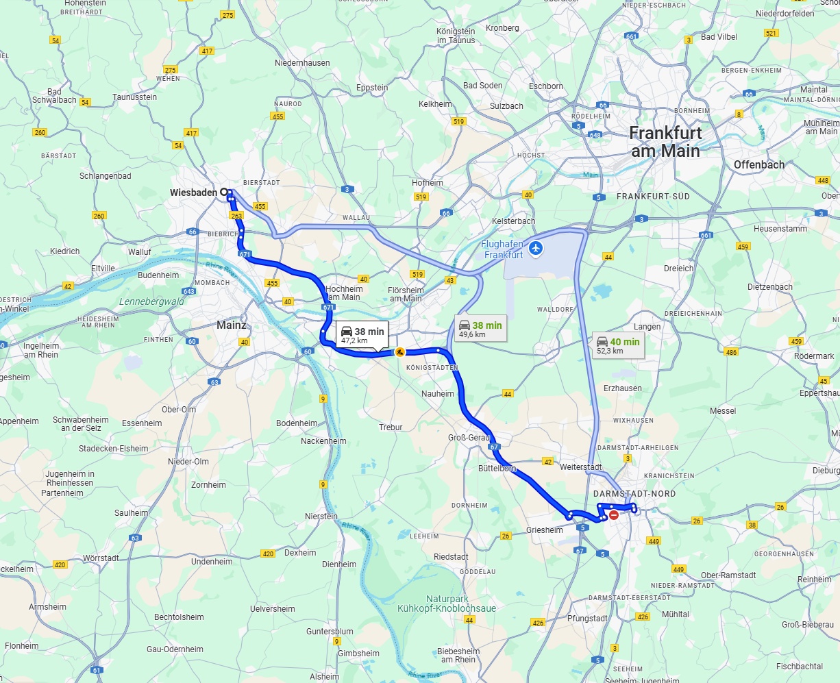 Anreise von Wiesbaden Zu Darmstadt Über via A67
