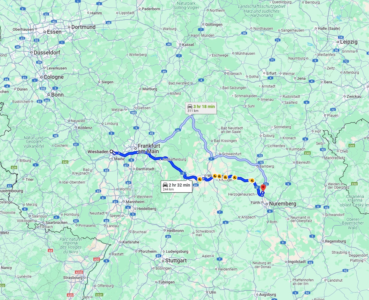 Anreise von Wiesbaden Zu Erlangen Über via A3
