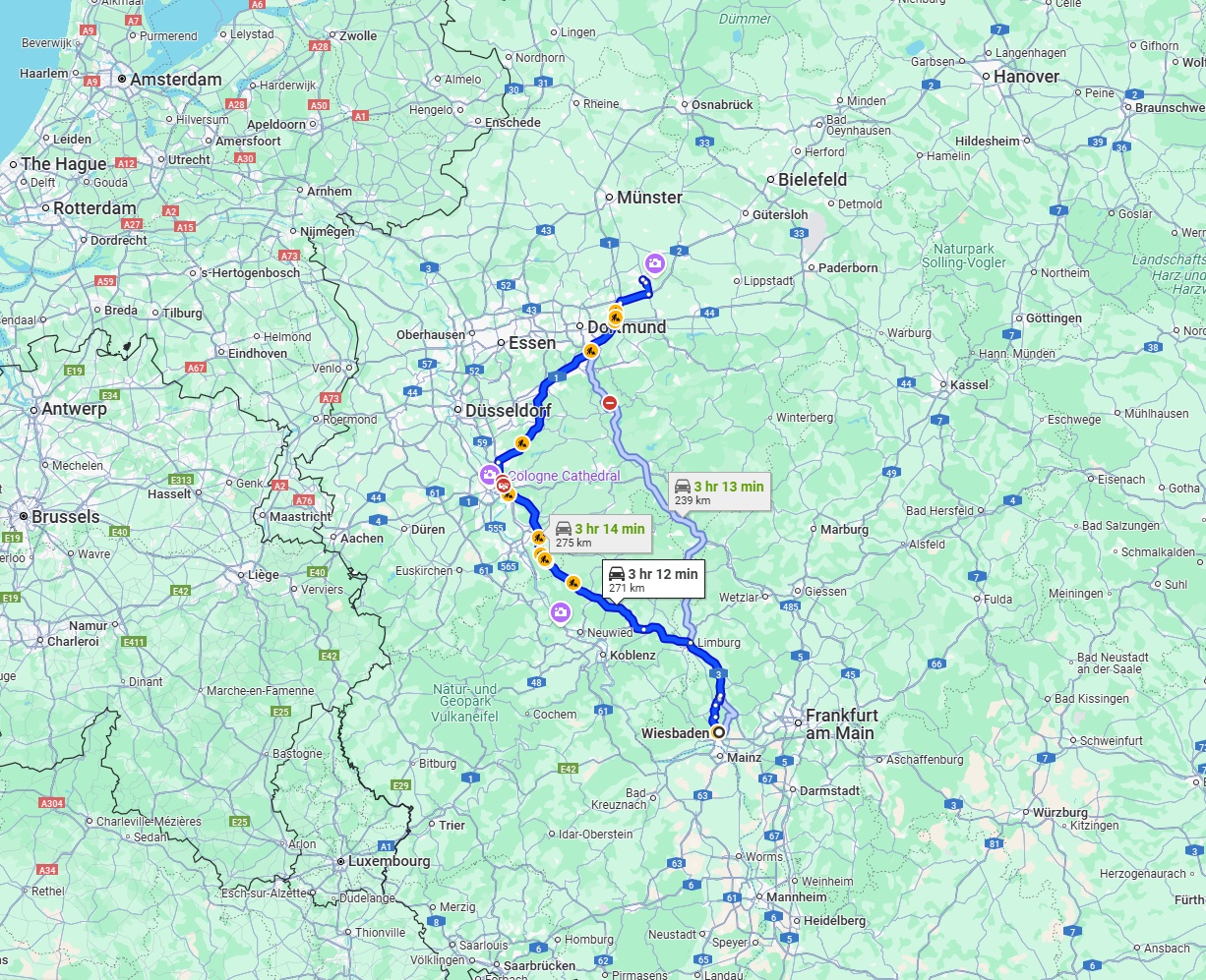 Anreise von Wiesbaden Zu Hamm Über via A3 and A1
