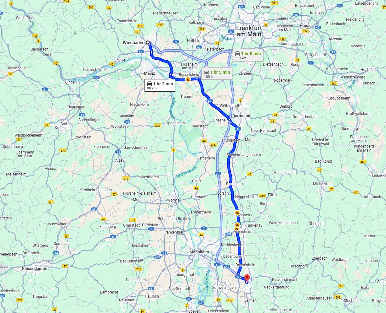 Anreise von Wiesbaden Zu Heidelberg Über via A5
