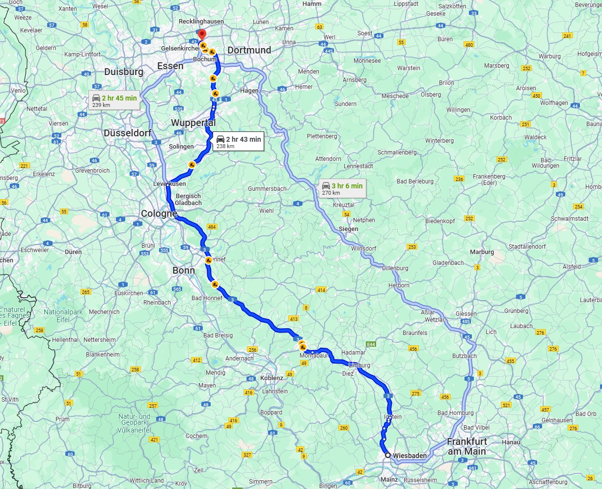 Anreise von Wiesbaden Zu Herne Über via A3