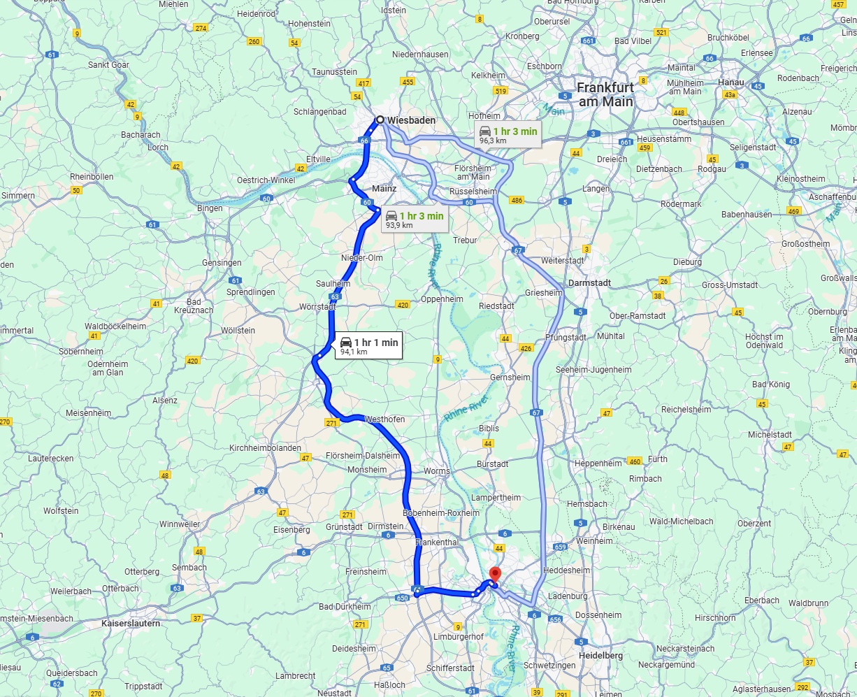Anreise von Wiesbaden Zu Mannheim Über via A61