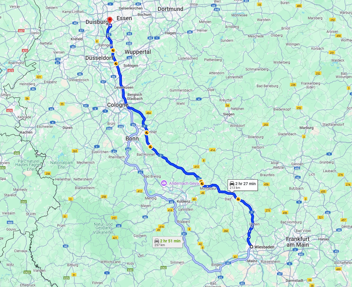 Anreise von Wiesbaden Zu Mülheim an der Ruhr Über via A3