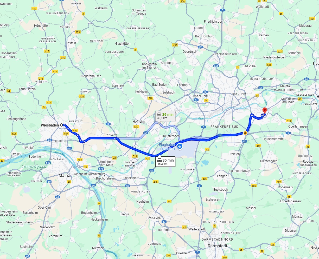 Anreise von Wiesbaden Zu Offenbach am Main Über via A3