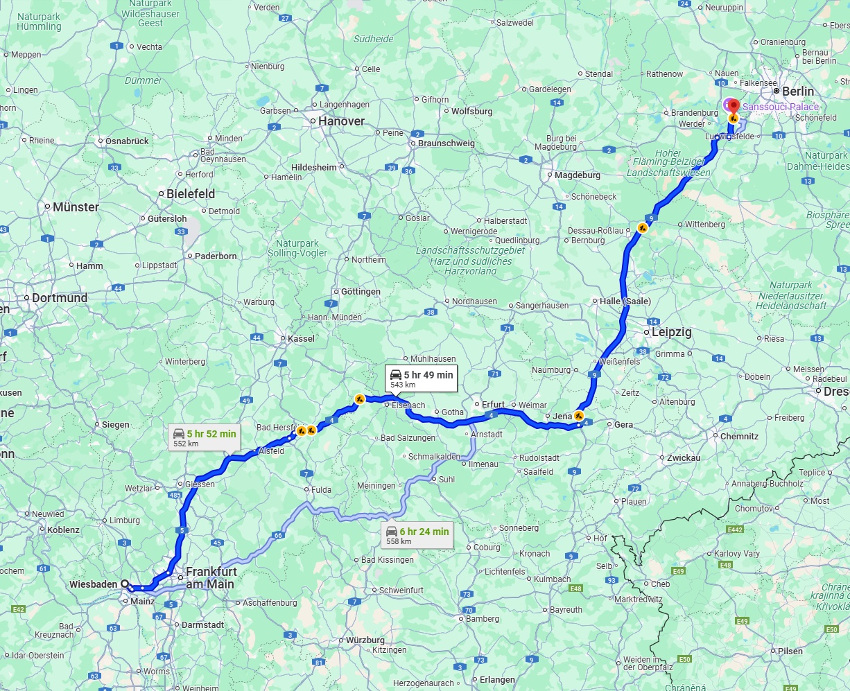 Anreise von Wiesbaden Zu Potsdam Über via A4 and A9