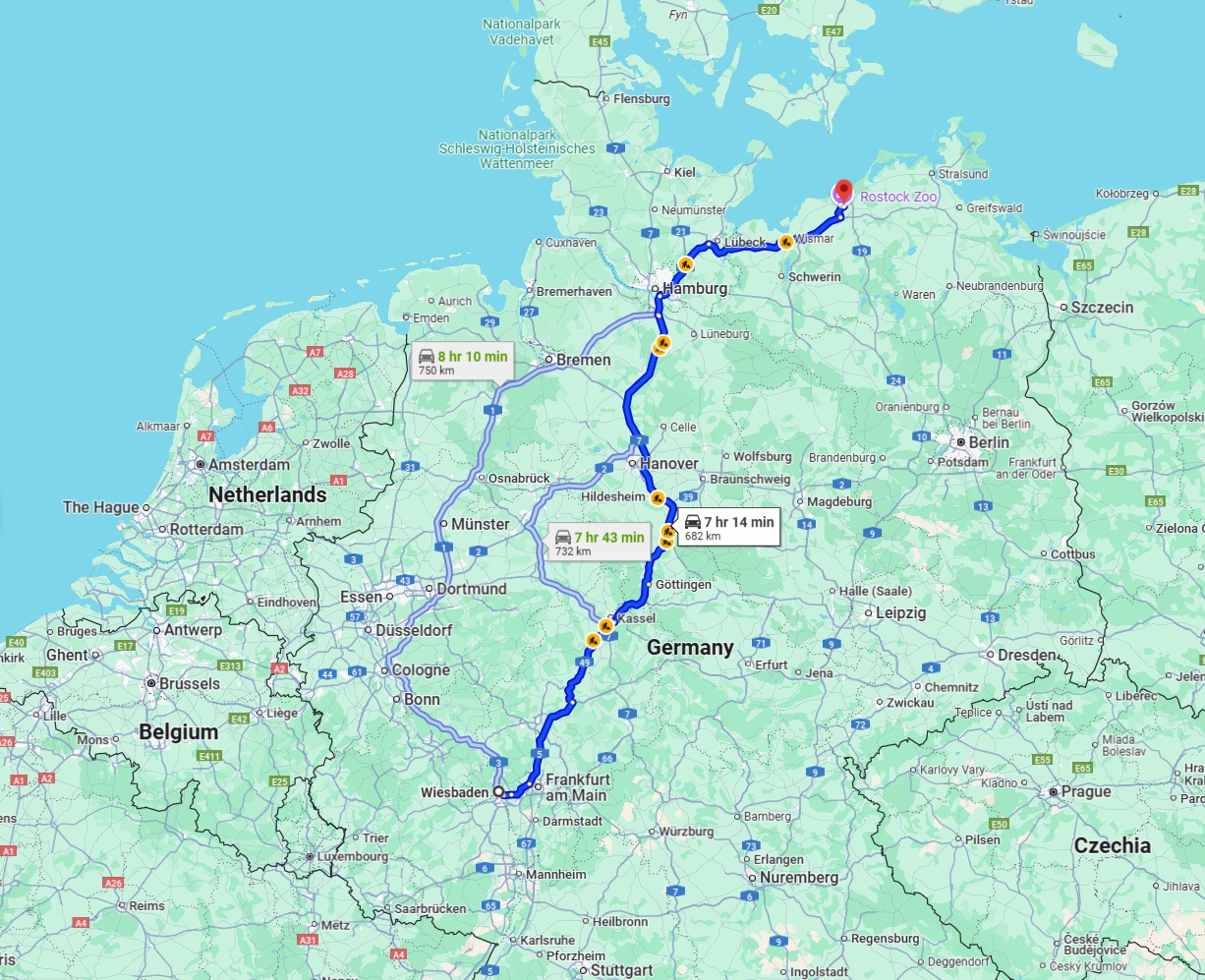 Anreise von Wiesbaden Zu Rostock Über via A7