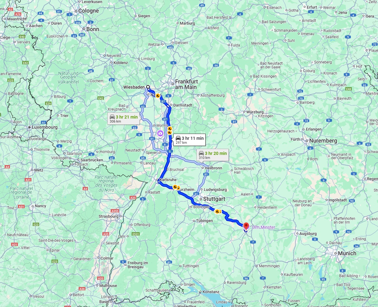 Anreise von Wiesbaden Zu Ulm Über via A5 and A8
