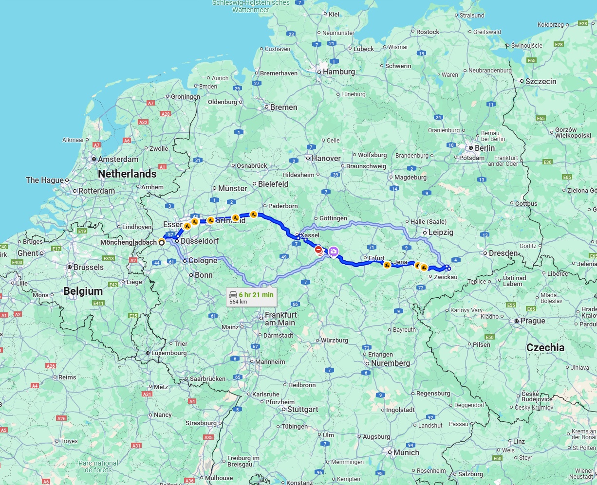 Anreise von Mönchengladbach Zu Chemnitz Über via A44 and A4