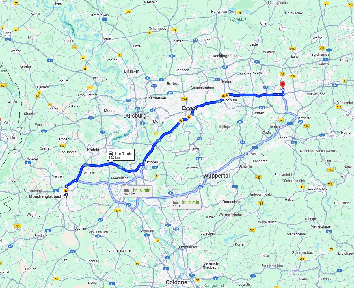 Anreise von Mönchengladbach Zu Dortmund Über via A44, A52 and A40