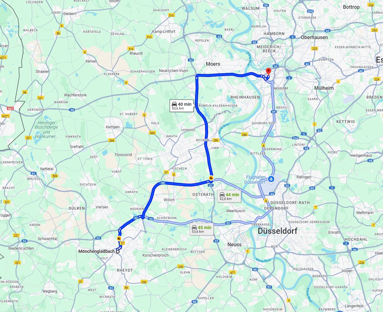 Anreise von Mönchengladbach Zu Duisburg Über via A44 and A57
