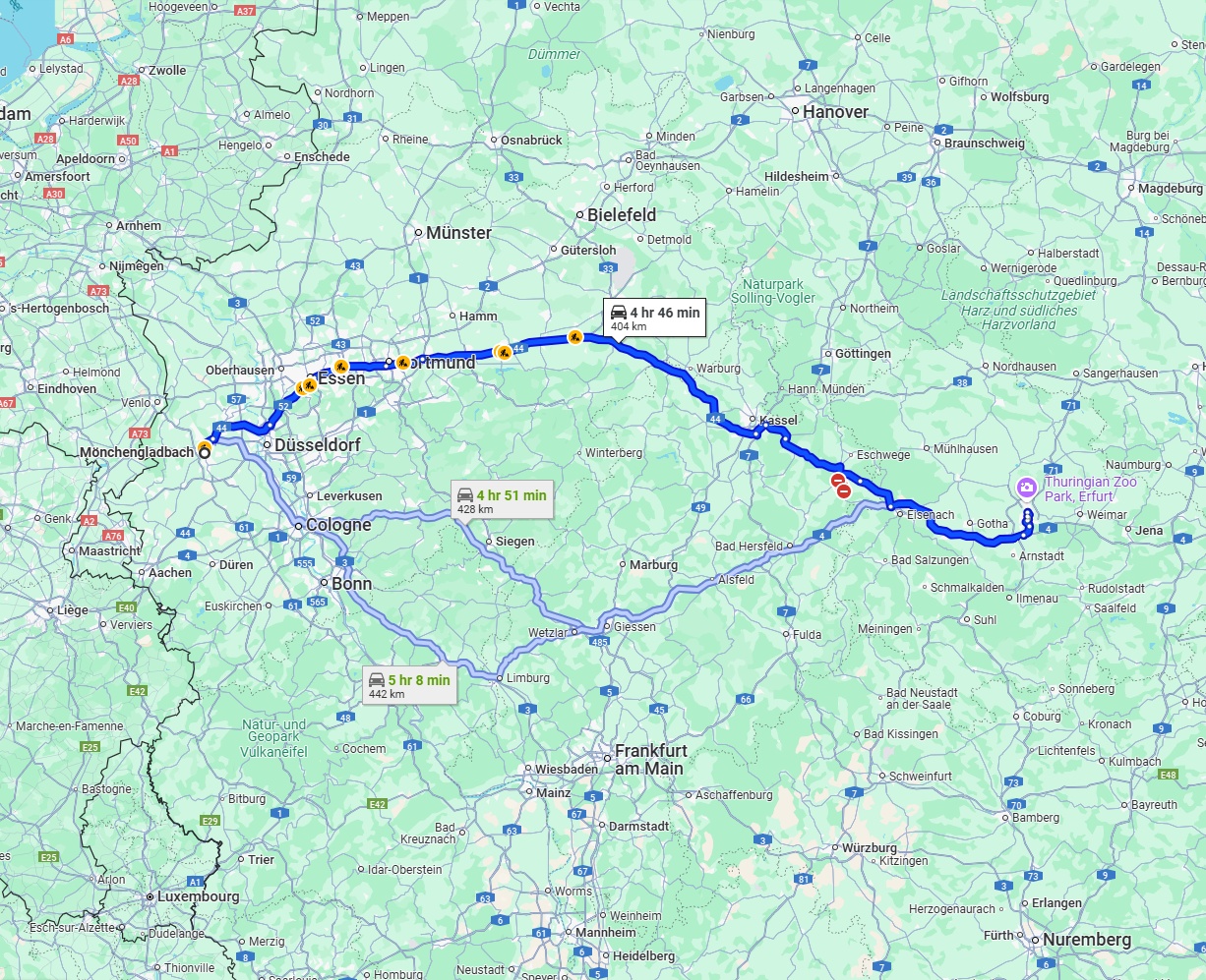 Anreise von Mönchengladbach Zu Erfurt Über via A44