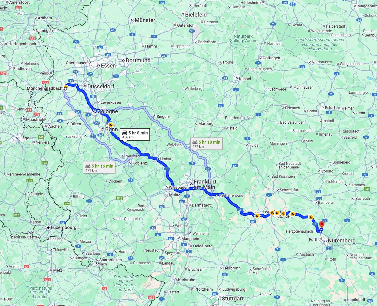 Anreise von Mönchengladbach Zu Erlangen Über via A3