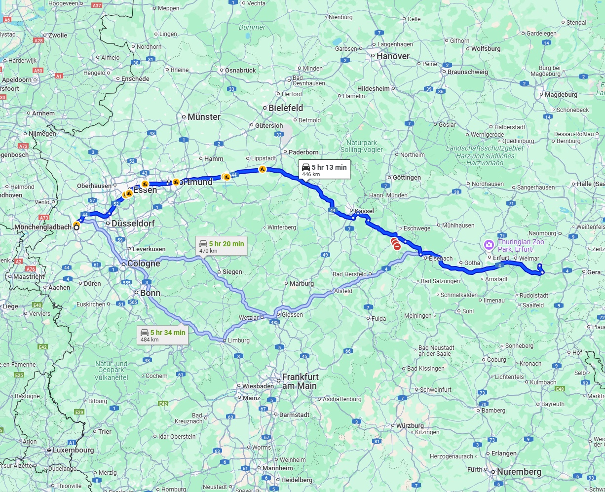 Anreise von Mönchengladbach Zu Jena Über via A44