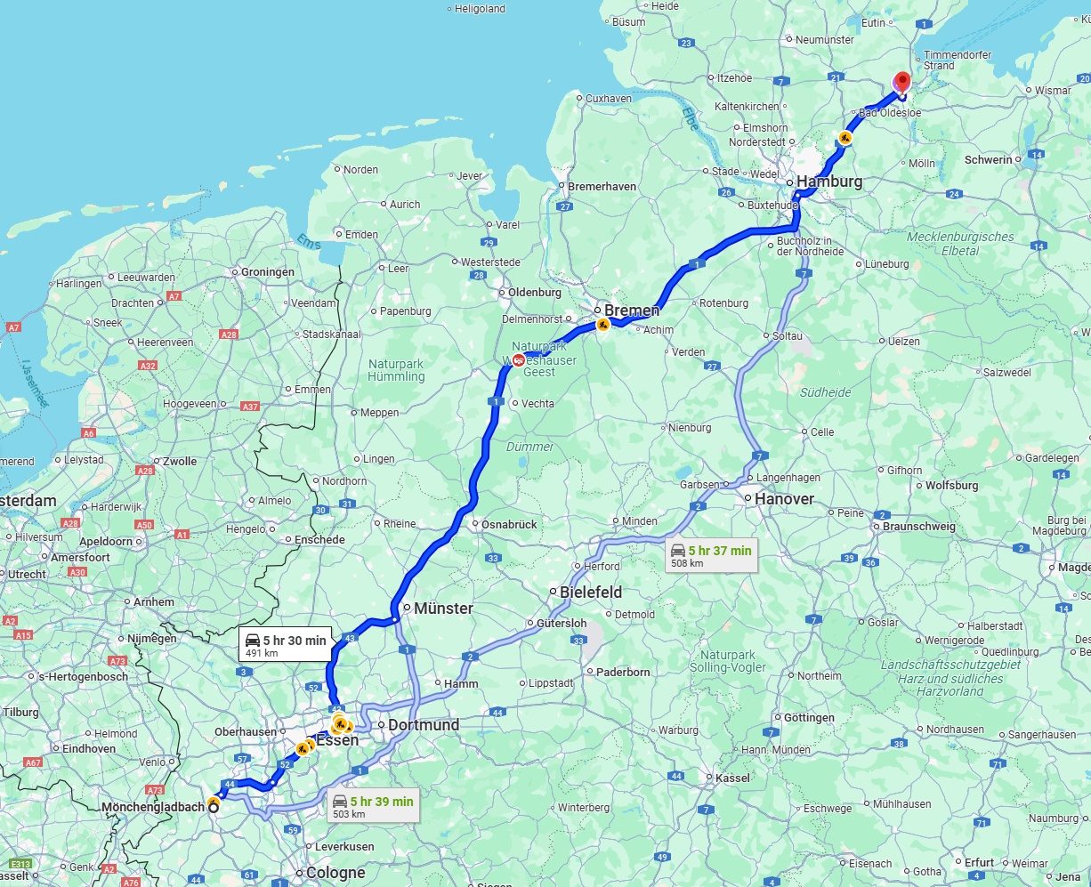 Anreise von Mönchengladbach Zu Lübeck Über via A1